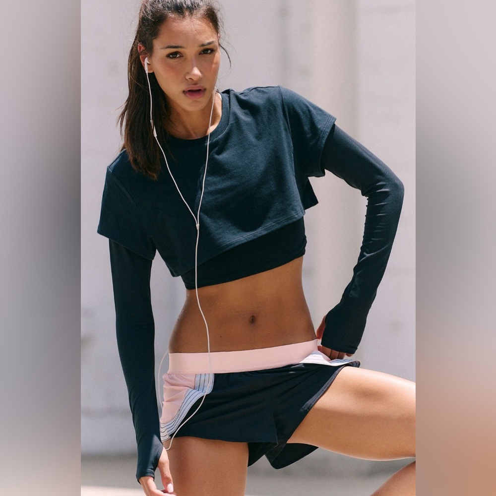 NWT Free People Movement Double Double Layer Black Long Sleeve Crop Top